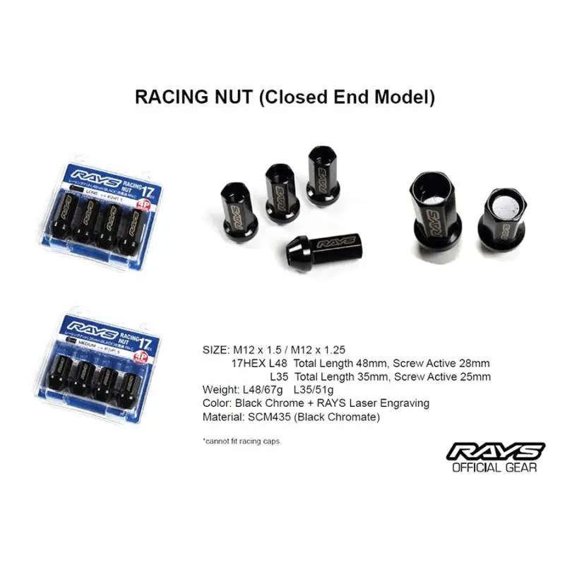 Rays 17Hex Racing Nut 12X1.5 Set L48 (Closed End) (4 Pcs) - Black Chromate 1